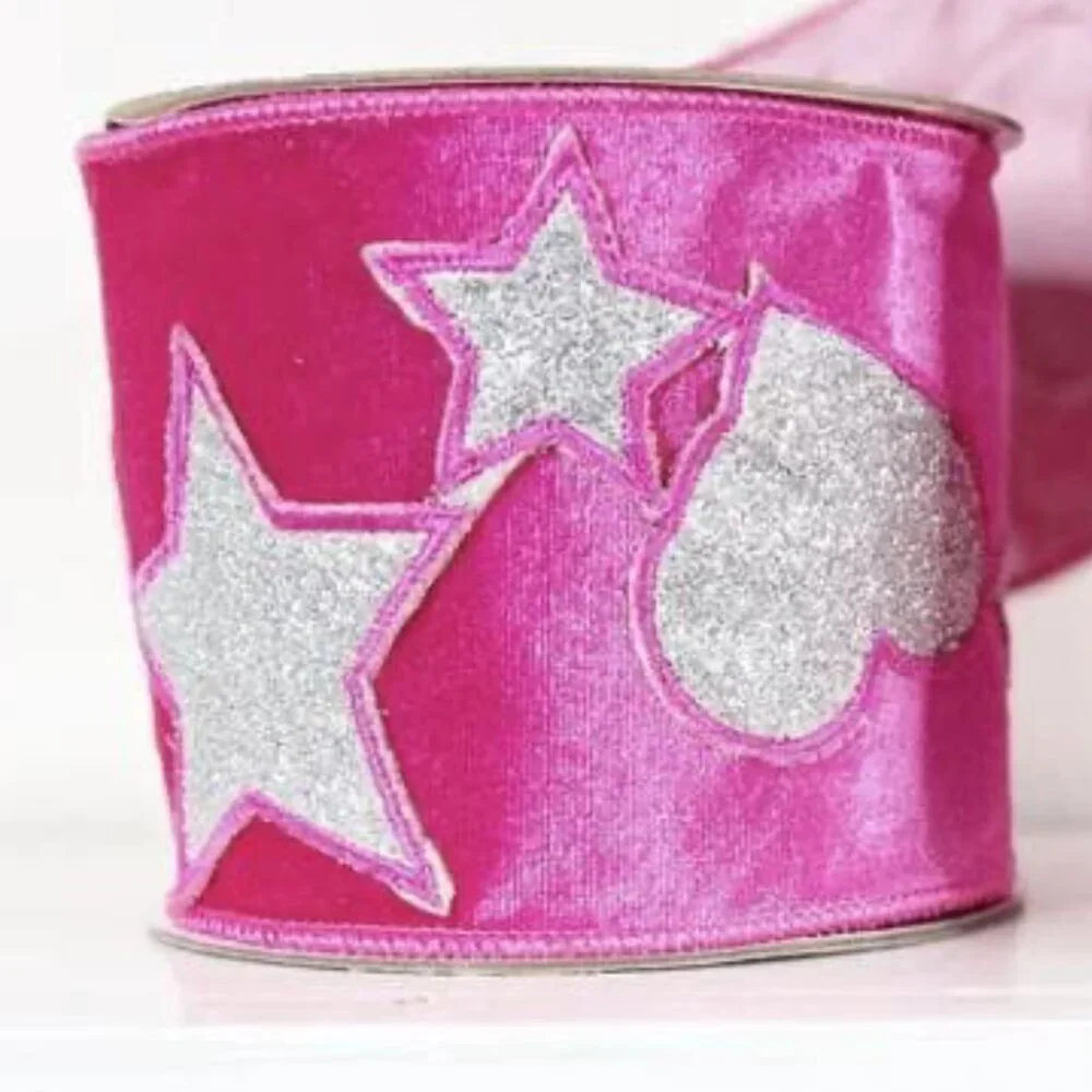 4 inch Hot Pink Velvet with Hearts and Stars Wired Edge Ribbon Holiday Crafts